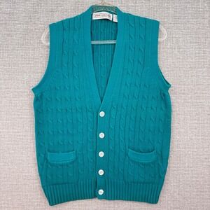 hJohn Ashford Teal‎ Cable Knit Cotton Vest Sweater Sz M Academia grandpa preppy